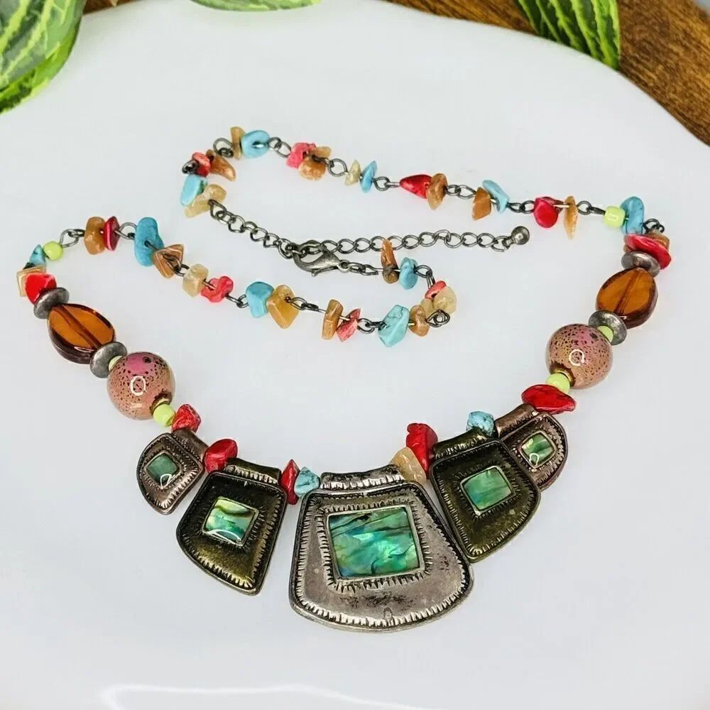 Vintage Alluring Abalone Shell Mixed Metal Stone Ceramic Glass Necklace 4511